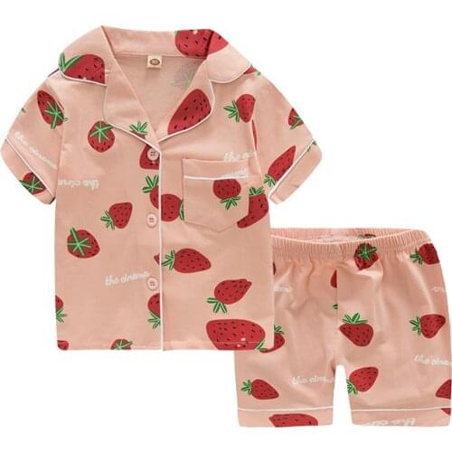 TUONXYE New Summer Boys Short sleeves Pajamas Girls Set Cartoon Strawberry Pyjama Cotton Kids Pijama Children Sleepwear Clothes