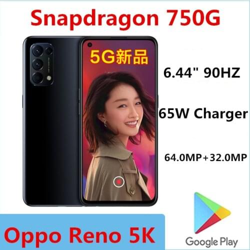 Original Oppo Reno 5K 5G Smart Phone 64.0MP Snapdragon 750G 65W Charger 6.44" 90HZ Android 10.0 Screen Fingerprint Face ID OTA