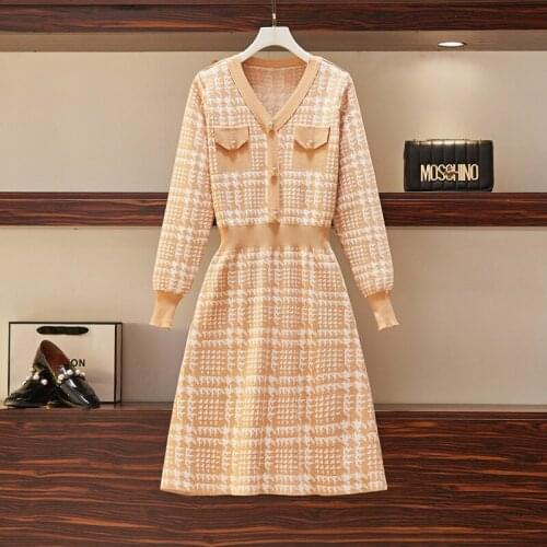 Autumn Winter Knitting Houndstooth Sweater Dress Women Pocket V Neck Golden Button Long Sleeved Elegant A Line Dress Above Knee