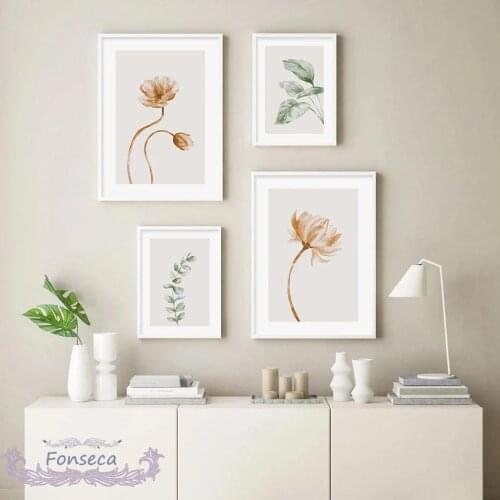 Bohemian Minimalist Style Poster Beige Blooming Flora Green Plant Leaf Canvas Painting Wall Art Print Pictures Living Room Decor