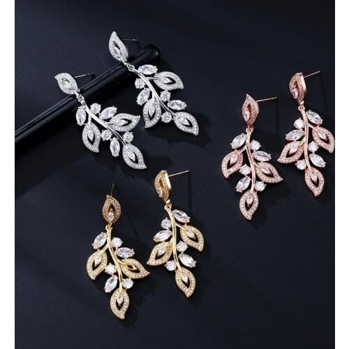 SLBRIDAL Prong Setting Cubic Zirconia Leaf Wedding Drop Earring Pin Dangle Bridal Earring Bridesmaids Earring Women Jewelry