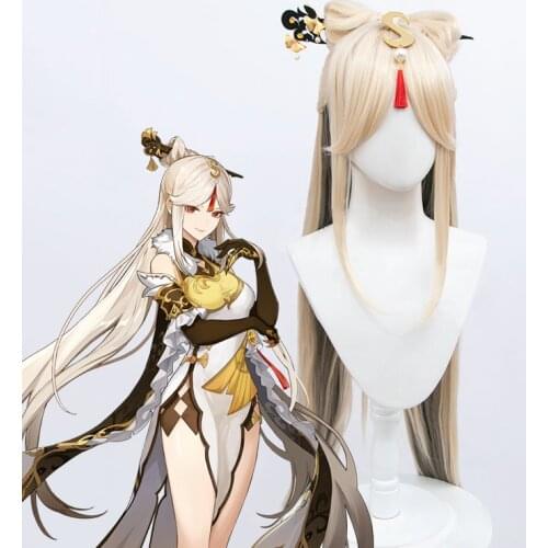 Synthetic wig with curtain bangs Blonde hair Ningguang Genshin impact Ecliping Star Cosplay wigs for women party Hair accessory