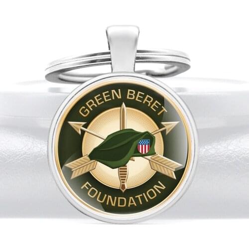 Unique Green Beret Foundation Symbol Glass Dome key Chains Charms Veteran Men Women Key Ring Jewelry Gifts