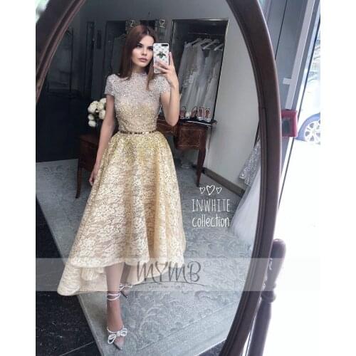 Gorgerous Sparkly Dubai Evening Nightgown Gold High Neck Crystal Handmade Cap Sleeve Ankle Length Best Evening Prom Short Dress