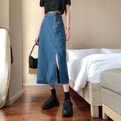 Traf 2021 Summer Women Korean Long Jeans Midi Loose Skirts Blue Split High Waist Fairycore Denim Vintage Tangada Harajuku G263