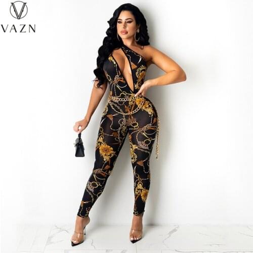 VAZN 2021 INS Bandage Young Print Street Slash Neck Sleeveless Free Regular Women Skinny Long Pencil Jumpsuits