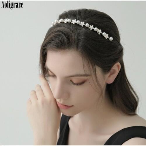 Aoligrace Pearls Cubic Zirconia Wedding Bride Headband CZ Headpiece Bridal Hair Accessories for Prom Party Evening Birthday Gift