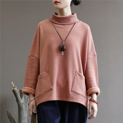 Johnature Women Pullover Sweatshirt Pockets 2021 Autumn Turtleneck Long Sleeve Solid Color Women Cloths Warm Casual Sweatshirt