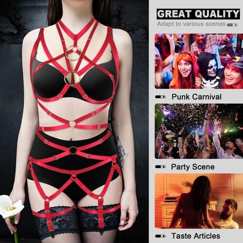 Women Gothic Exotic Hollow Out Adjust Erotic Lingerie Set Bdsm Sexy Body Harness Cage Bondage Straps Garters Stockings Underwear