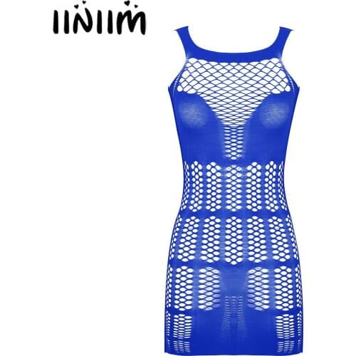 Iiniim Womens Sexy Fishnet Mini Dress Hollow Out See-through Mesh Sleeveless Lingerie Dress Exotic Babydoll Sleepwear Clubwear