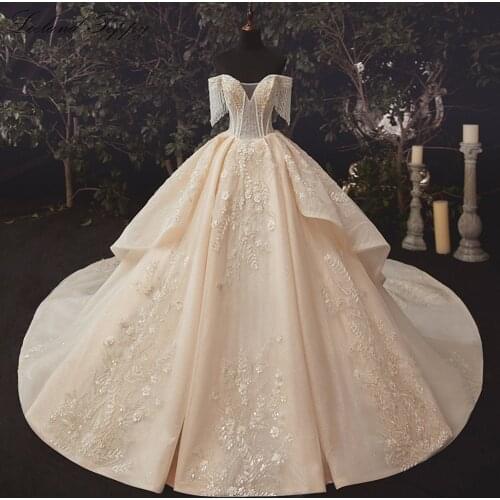 Lceland Poppy Off the Shoulder Ball Gown Wedding Dresses Plus Size Champagne Beaded Vestido de novia Lace Appliques Bridal Gowns