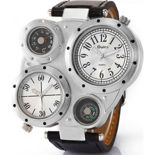 2018 Oulm Brand Original Mens Quartz Watches Double Time Show Leather Band Casual Outdoor Wristwatches Male Reloj Hombre Grande