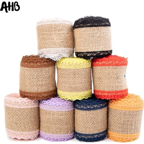 AHB 2M/roll Natural Hemp Ribbon Jute Burlap Hessian Ribbon With Lace DIY Trim Fabric For Sewing Wedding Decoration Accessories