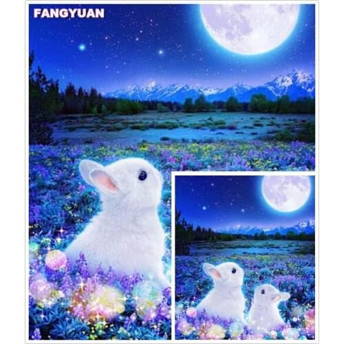 5D Diy Diamond Painting Animals Moon Lavender and White Rabbits Full Drill Mosaic Diamond Embroidery Cross Stitch Kits Home Deco