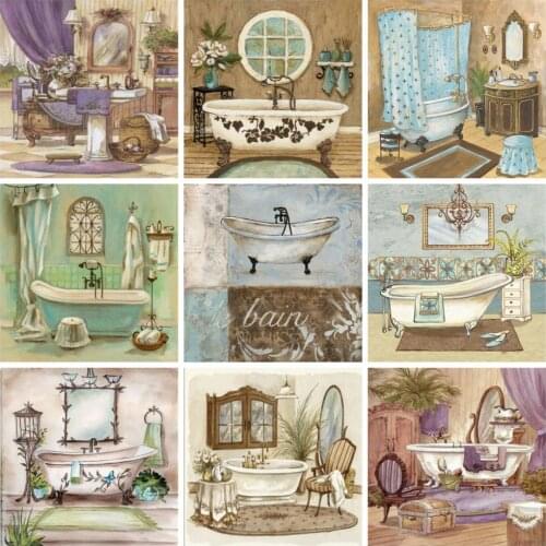 5D Diy Full Drill Diamond Painting Bathroom Vintage Decor Diamond Embroidery Bathtub Rhinestones Mosaic Handcraft Kits