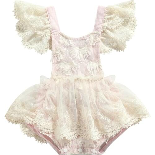 Newborn Baby Girls Bodysuits Summer Tie-up Fringe Fly Sleeve Square Collar Bodysuits Playsuit For 0-24Months
