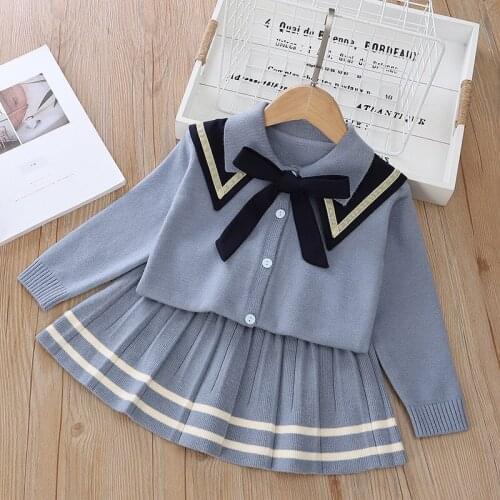 DFXD Kids Fashion 2021 Spring Autumn Girls Clothing Set Long Sleeve Bow Knitted Cardigan Coat+Skirt Two Piece Princess Outfit