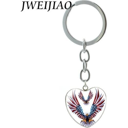 JWEIJIAO The USA Flag And Eagle Keychain Heart Shape Glass Cabochon Animal Keyring Chain Holder Buckle Women Jewelry J332