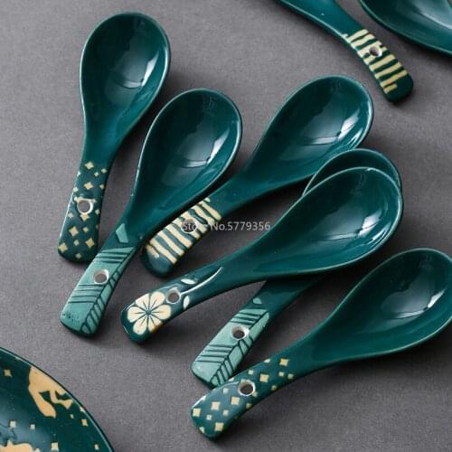 Ceramic Spoon Dark Green Underglaze Ceramic Spoon Household Japanese Tableware Malachite Green High Quality Small Soup Spoon