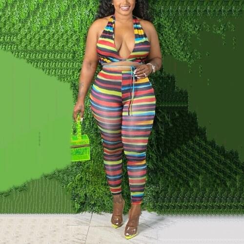 2 Pieces Outfits Clothes For Women Sexy Striped Printed Crop Tops & Long Pants High Waisted Evening Night Club Matching Sets New