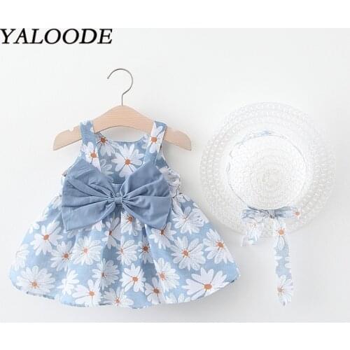 Baby Girl Dress Print Floral Girl Dress With Bow Hat 2 Piece Baby Clothes Outfits Infant Toddler Clothes Newborn Baby Dress