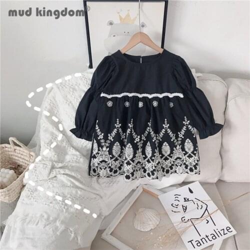 Mudkingdom Girl Embroidery Dress Spring Autumn Long Puff Sleeve Vintage Princess Dresses for Toddler Drop Shoulder Loose Clothes