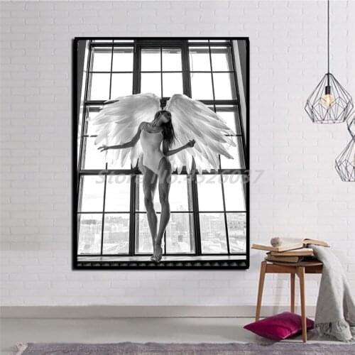 Girl Angel In Window Poster Black And White Feather Landscape Canvas Painting Poster Wall Art Picture For Living Room Home Decor