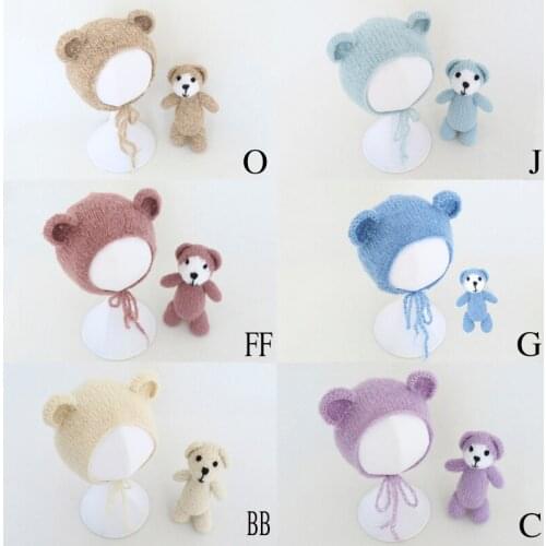 Newborn Baby Photography Props Knit Teddy Bear Bonnet and Toy Set Handmade Crochet Animal Stuffer Bear Doll Baby Photo Shoot