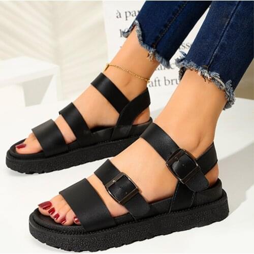 2021 Woman Summer Flat Sandals Women Soft Leather Casual Open Toe Gladiator Wedges Outdoor Comfortable Solid Women Shoes