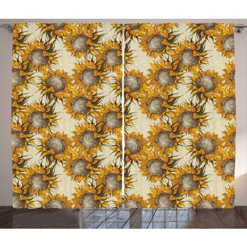 Retro Sunflower Curtains Vintage Harvest Time Floral Satin Fabric Drapes for Living Room Bedroom 2 Panel Window Set
