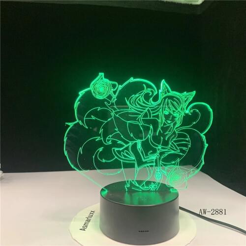 3D Led Night Light Battery Powered Desk Lamp League of Legends Hero Ahri Lore The Nine Tailed Fox Touch Switch Room Light 2881