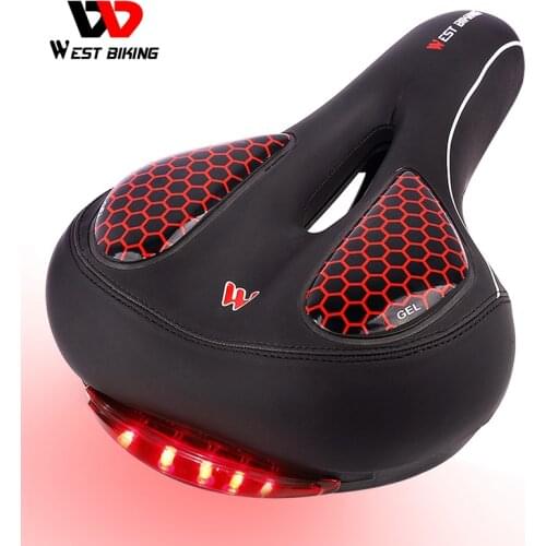 WEST BIKING Bicycle Saddle with Tail Light Wide MTB Cushion Bike Saddle Soft PU Leather High-Elastic Seat Thicken Cycling Saddle