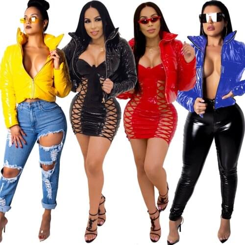 Bright PU Leather Bread Down Jacket Womens Cotton Warm Coats Winter Nightclub Sexy Puffer Jacket Waterproof Parkas