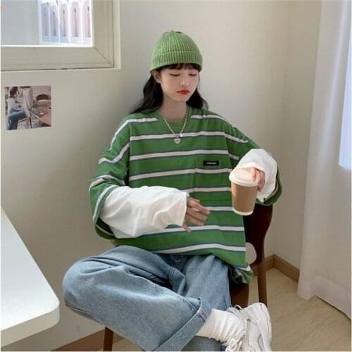 2021 Spring And Autumn Fake Two-piece Stitching Striped T-shirt Female New Korean Loose Vintage Long Sleeve Gothic Punk Clothes