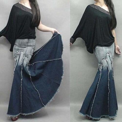 Womens Clothing 2018 Gradient Water Mill Stitching Tassels Big Cowboy Skirt Jeans Skirt Women Skirt
