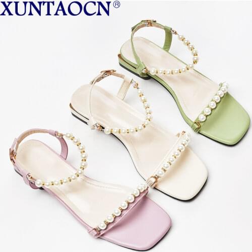2021 New Summer Pearl Sandals For Female Buckle Fariy Square Toe High Heel Sweet Sandals Korea Style