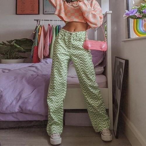 Women Y2k Ripple Printed High Waist Wide Leg Pants Jeans Loose Streetwear Casual Fashion Summer Clothes Bottoms Trousers