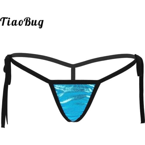 Women Lingerie Shiny Metallic Low Rise Tie-Side Bikini Tanga Mini G-Strings Thong Female Beachwear Festival Rave Sexy Underwear
