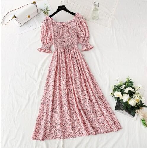 2021 New Summer Square Neck Floral Print Chiffon Dress Women Short Sleeve V-neck Elastic Waist Elegant Dress Ruffle Vestidos