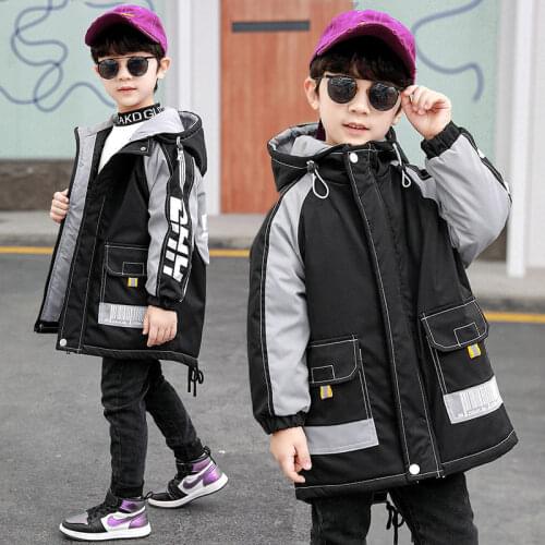 Winter 4-15Years Old Boys Cotton Jacket Childrens Outwear Clothing Mid-Length Hooden Thicken Version Trench Coat For Kids Tops