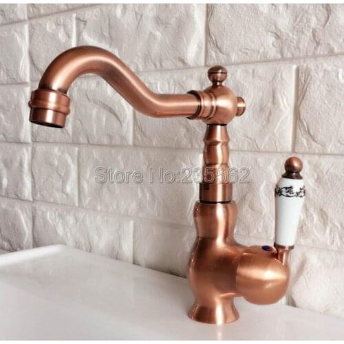 Antique Red Copper Bathroom/Kitchen Faucet Swivel Spout Sink Vessel Basin Mixer Tap Single Handle Tap Deck Mounted Lnf403