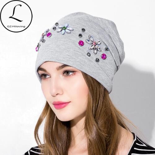 GZHILOVINGL Autumn Spring Fashion Beanie Flower Casual Cotton Hat Rhinestone Cap Women Ladies Skull Slouchy Bonnet Turban Femme