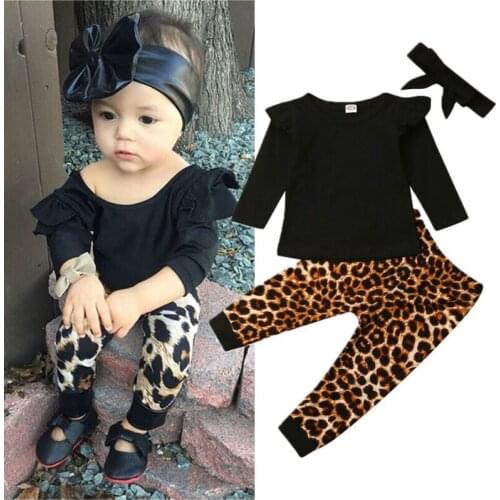 0-24M 3pcs Newborn Set Baby Boys Clothes Set Black O-Neck Long Sleeve T-Shirt Girls Tops Leopard Long Pants Girl Outfit Baby Set