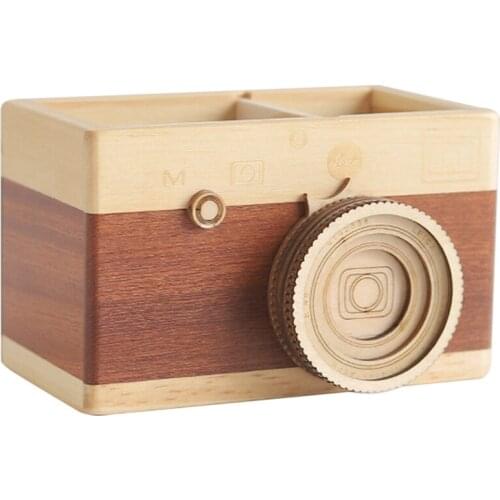 Creative Wooden Camera Pen Holder Student Desktop Decoration Camera Makeup Brush Office Desk Storage Box