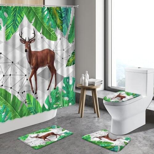 Summer Palm Tree Shower Curtain Elk Green Leafy Plant Landscape Oil Painting Trees Decor Bathroom Sets Non-Slip Rugs Toilet Mats