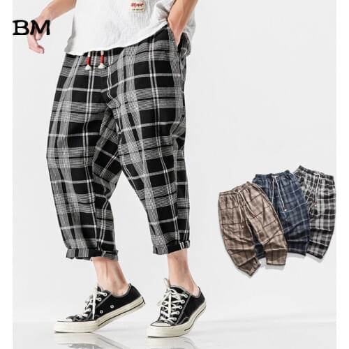 2020 Men Loose Clothing Summer Harem Pants Mens 2020 Vintage Trousers Male Streetwear Style Casual Plaid Pants Clothes Male