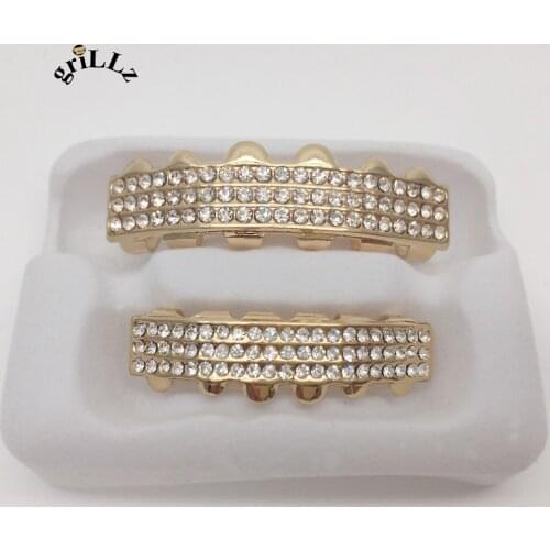GRILLZ BRANDCUSTOM FIT HIPHOP TEETH 3 ROW ICED OUT GRILLZ TOP & BOTTOM GRILL SET