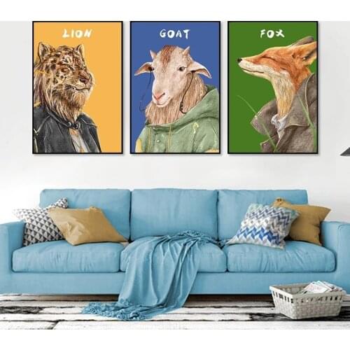 Funny Animals Canvas Painting Lion Fox Goat With Clothing Nordic Vintage Style Wall Art Posters For Living Room Home Decor