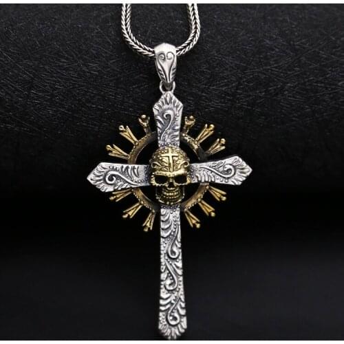 Real Silver 925 Large Cross Pendant For Necklace Golden Gothic Punk Skull 100% 925 Sterling Silver Cool Men Women Jewelry, 13.7g
