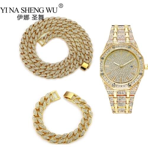 New Necklace+Watch+Bracelet Hip Hop Fashion Cuban Chain Iced Out Paved Rhinestones CZ Bling Rapper Men Jewelrys Gifts 15MM 3 Pcs
